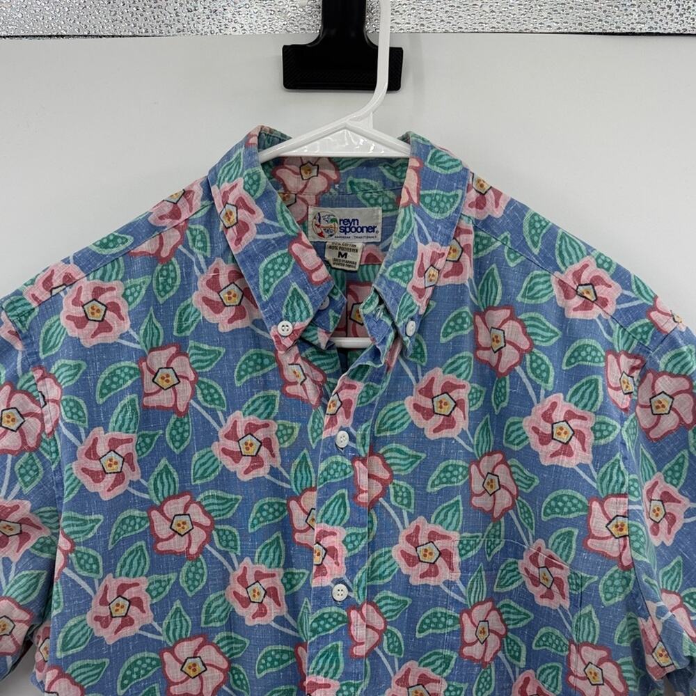 Reyn Spooner Men's Hawaiian Short Sleeve Button Down - Blue/Pink - Medium